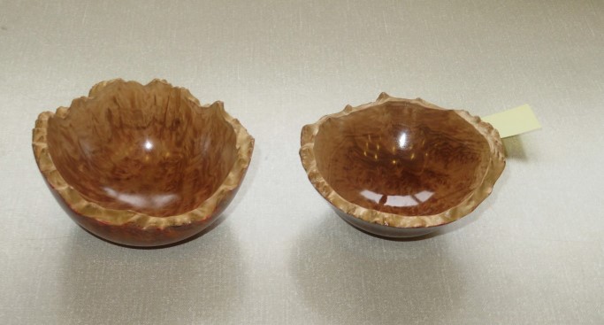 This pair of burr dishes won a turning of the month certificate for Howard Overton